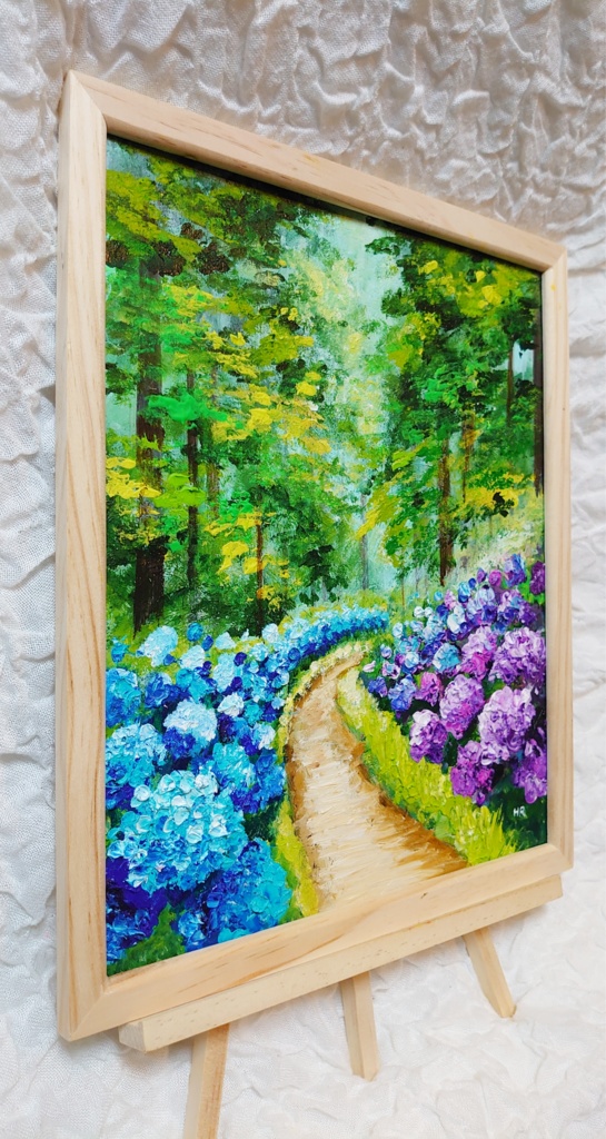 油絵 絵画 紫陽花畑の道