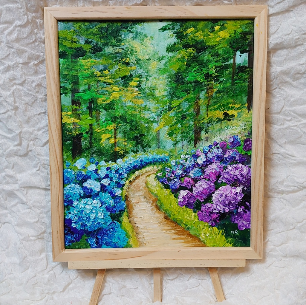 油絵 絵画 紫陽花畑の道