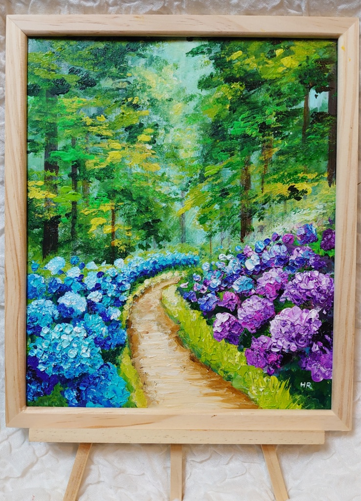油絵 絵画 紫陽花畑の道