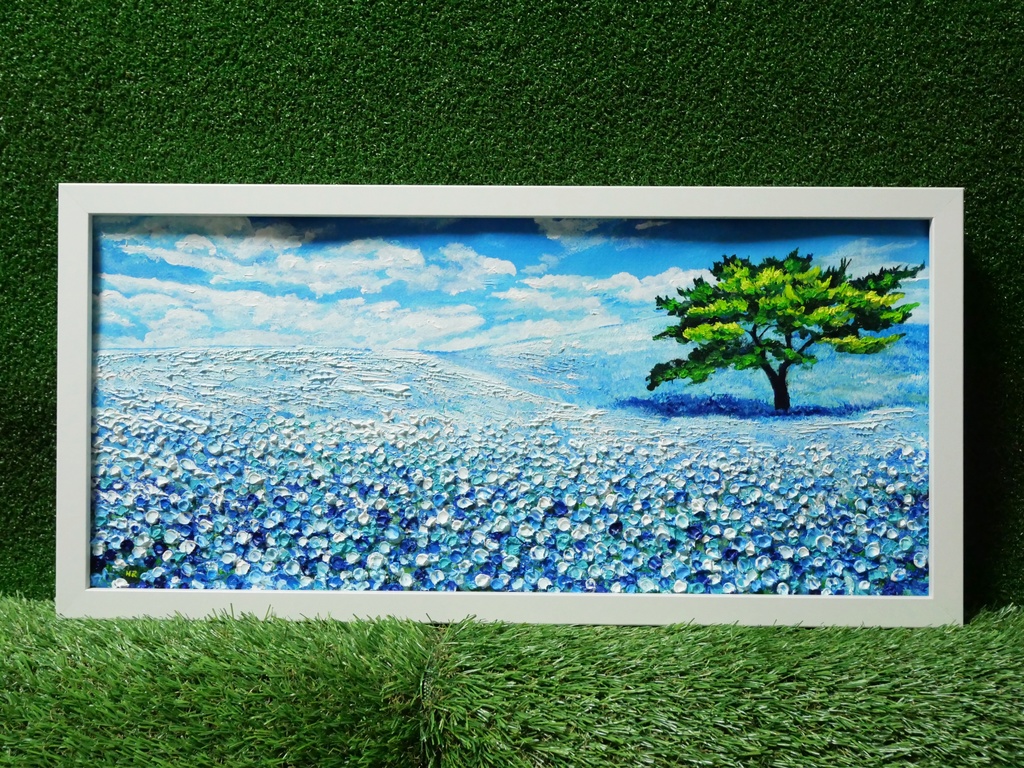油彩画「ネモヒィラの丘」3Dキャンパス - 絵画/タペストリ