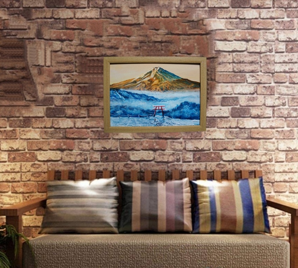 油絵 油彩 油彩画 絵 絵画 【鳥居の夕富士】