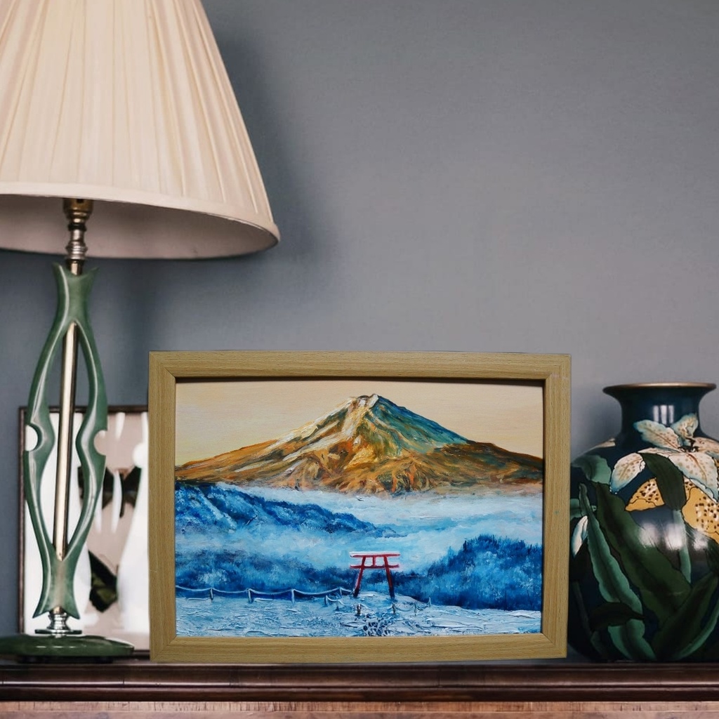 油絵 油彩 油彩画 絵 絵画 【鳥居の夕富士】