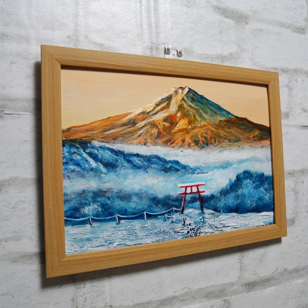 油絵 油彩 油彩画 絵 絵画 【鳥居の夕富士】