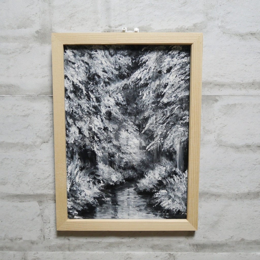 油絵 油彩 油彩画 絵 絵画 【白黒の森の川】