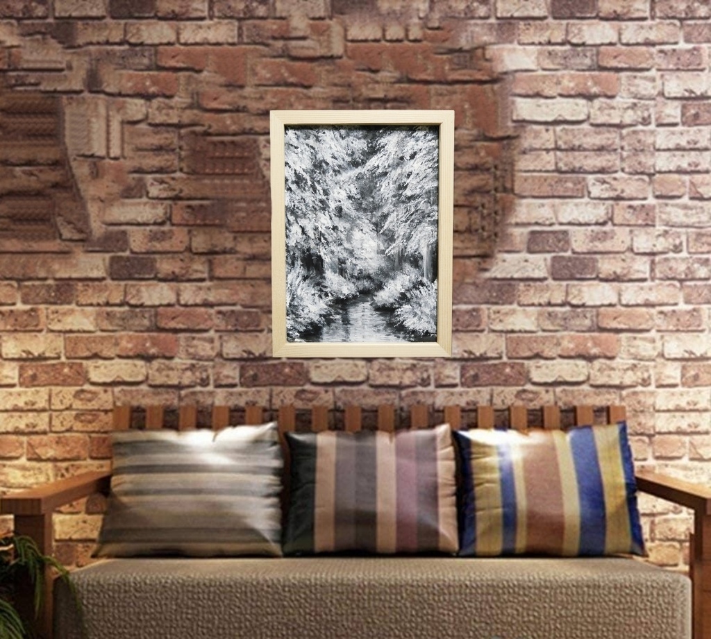 油絵 油彩 油彩画 絵 絵画 【白黒の森の川】