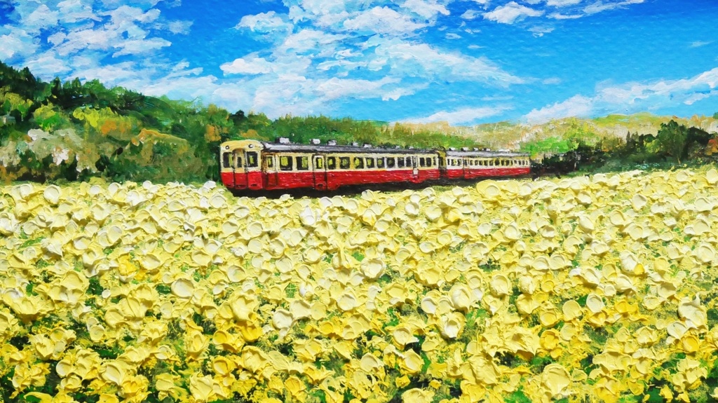 油絵 油彩 油彩画 絵 絵画 【菜の花畑を走る小湊鉄道】