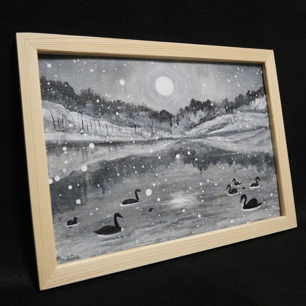 油絵 油彩 油彩画 絵画 【白黒風景のハクチョウ池】