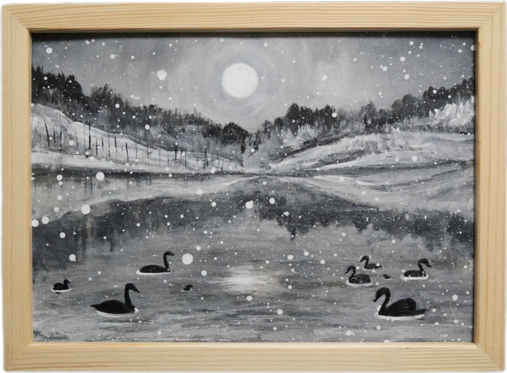 油絵 油彩 油彩画 絵画 【白黒風景のハクチョウ池】