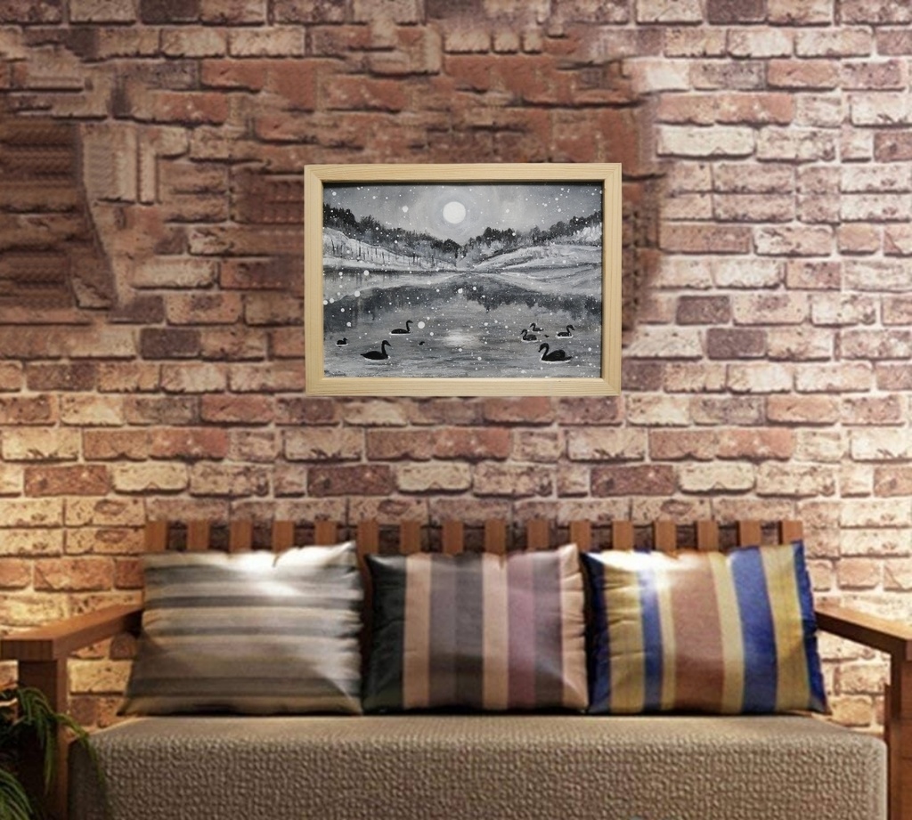 油絵 油彩 油彩画 絵画 【白黒風景のハクチョウ池】