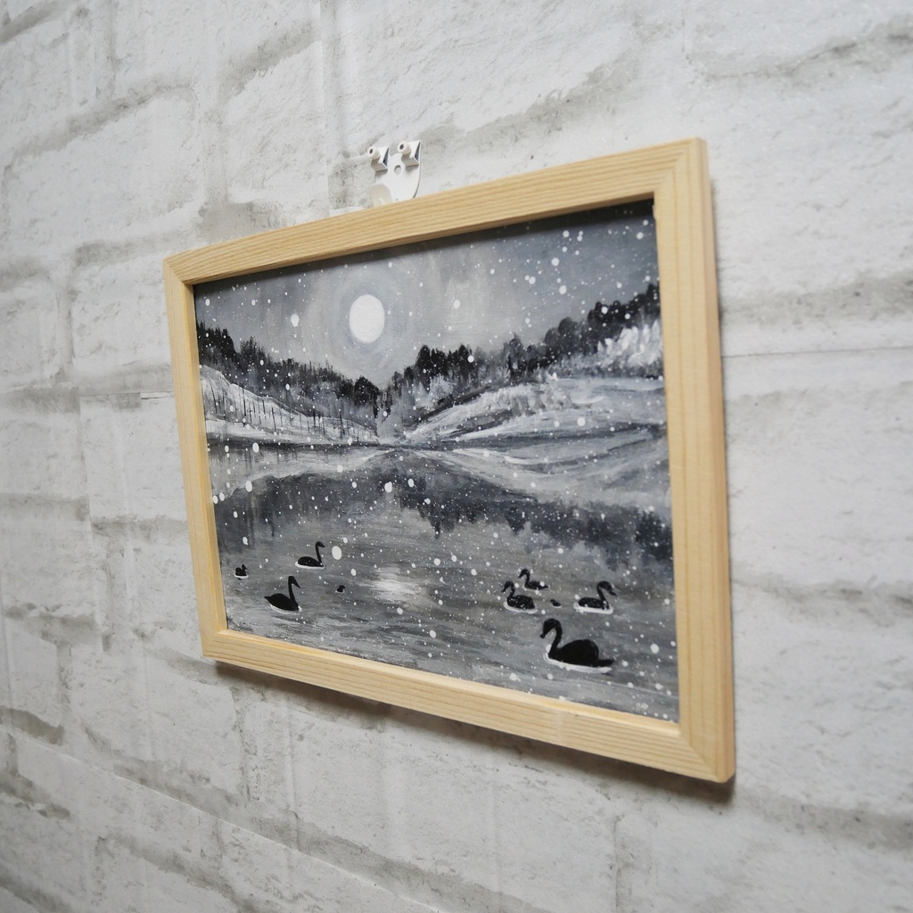 油絵 油彩 油彩画 絵画 【白黒風景のハクチョウ池】