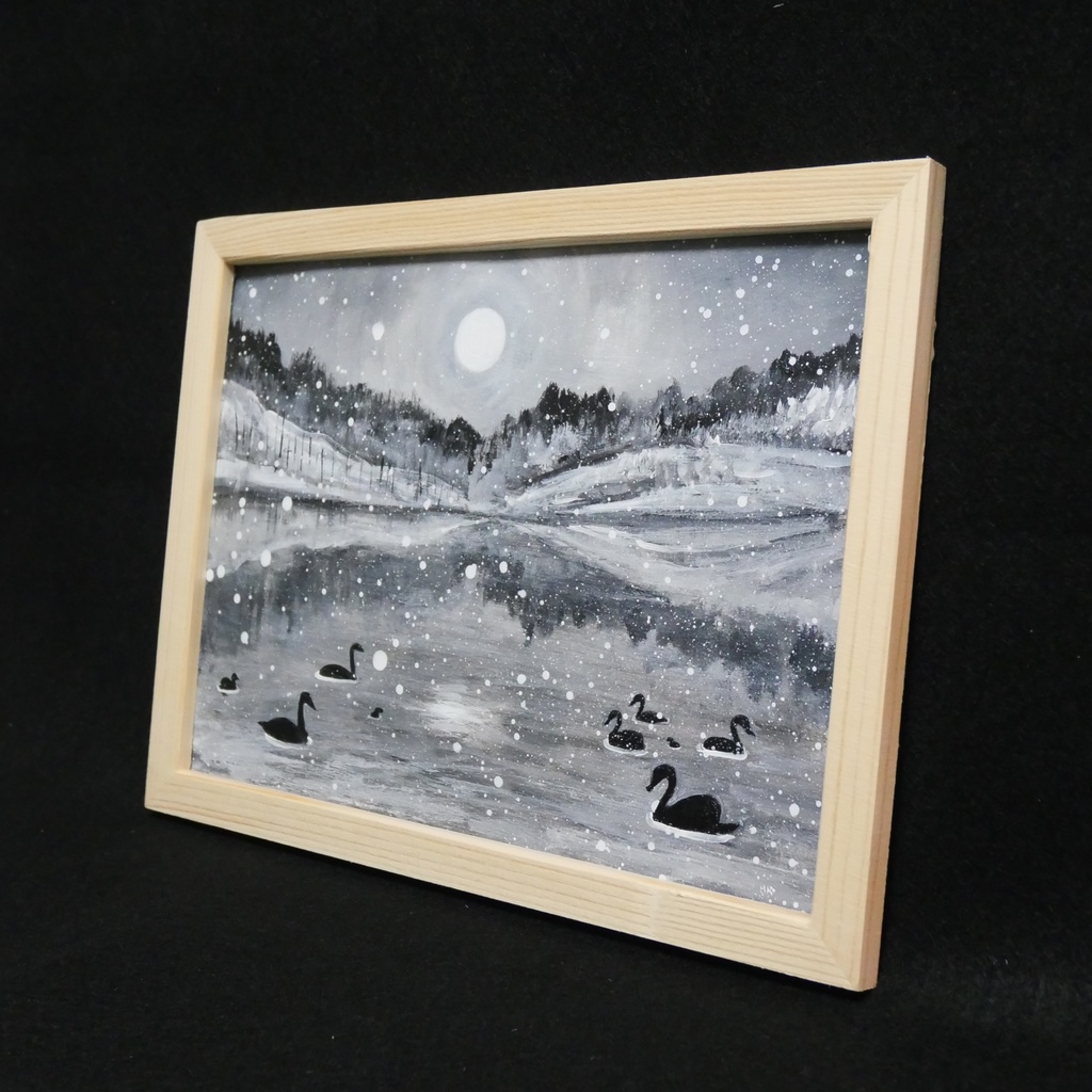 油絵 油彩 油彩画 絵画 【白黒風景のハクチョウ池】