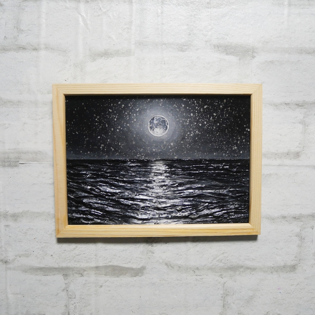油絵 油彩 油彩画 絵 絵画 【白黒の満月と星空の海】