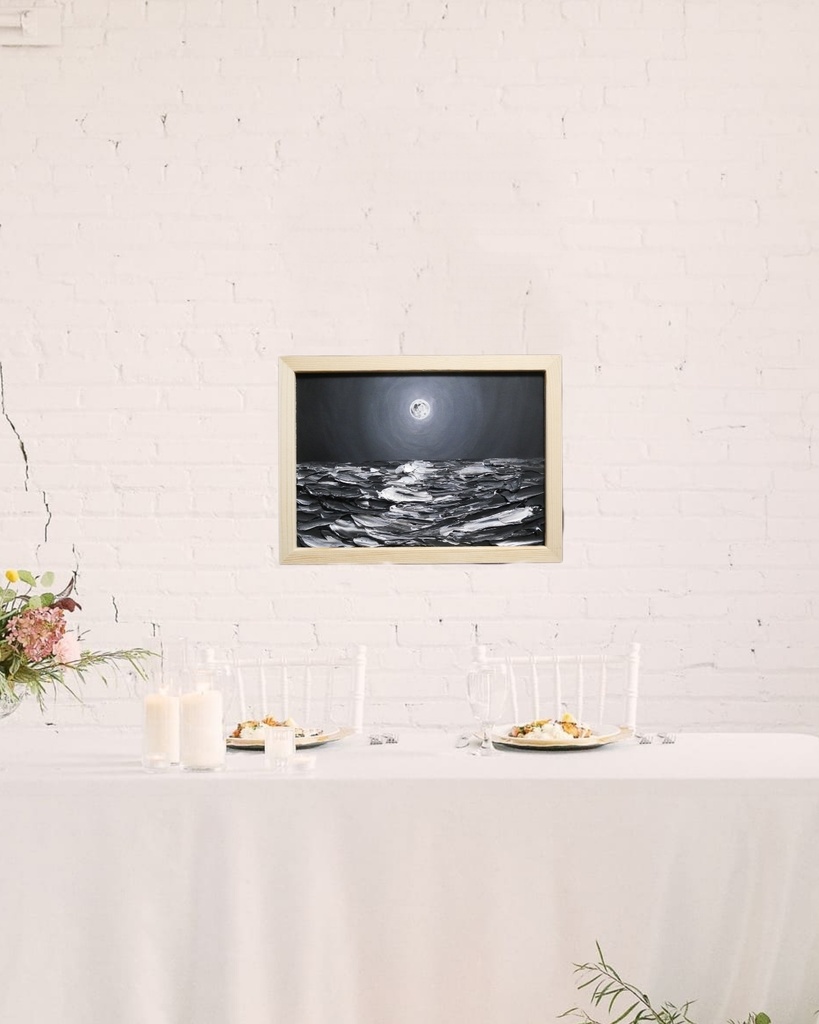 油絵 油彩 油彩画 絵画 【白黒の満月の海】