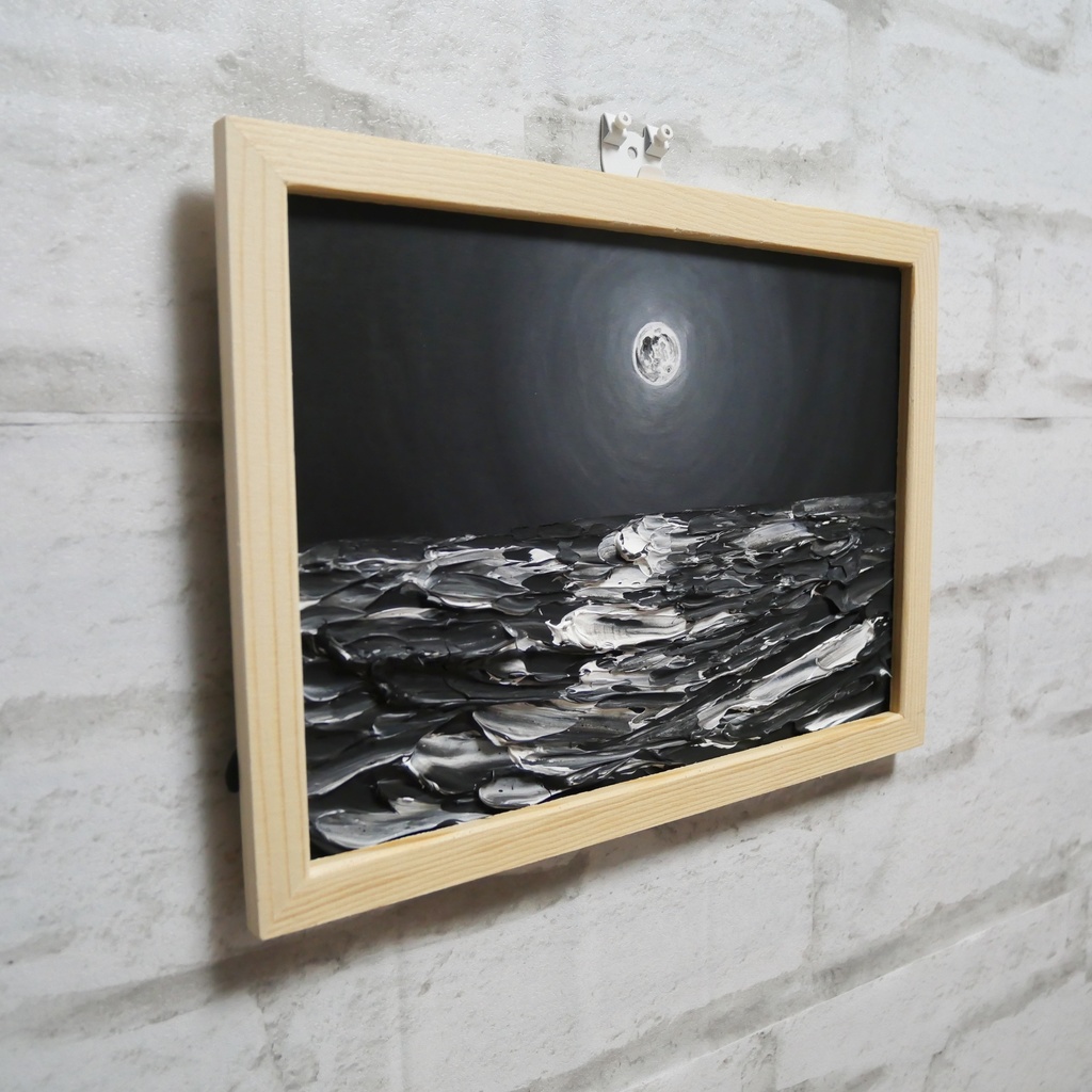 油絵 油彩 油彩画 絵画 【白黒の満月の海】