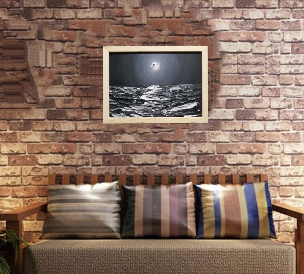 油絵 油彩 油彩画 絵画 【白黒の満月の海】