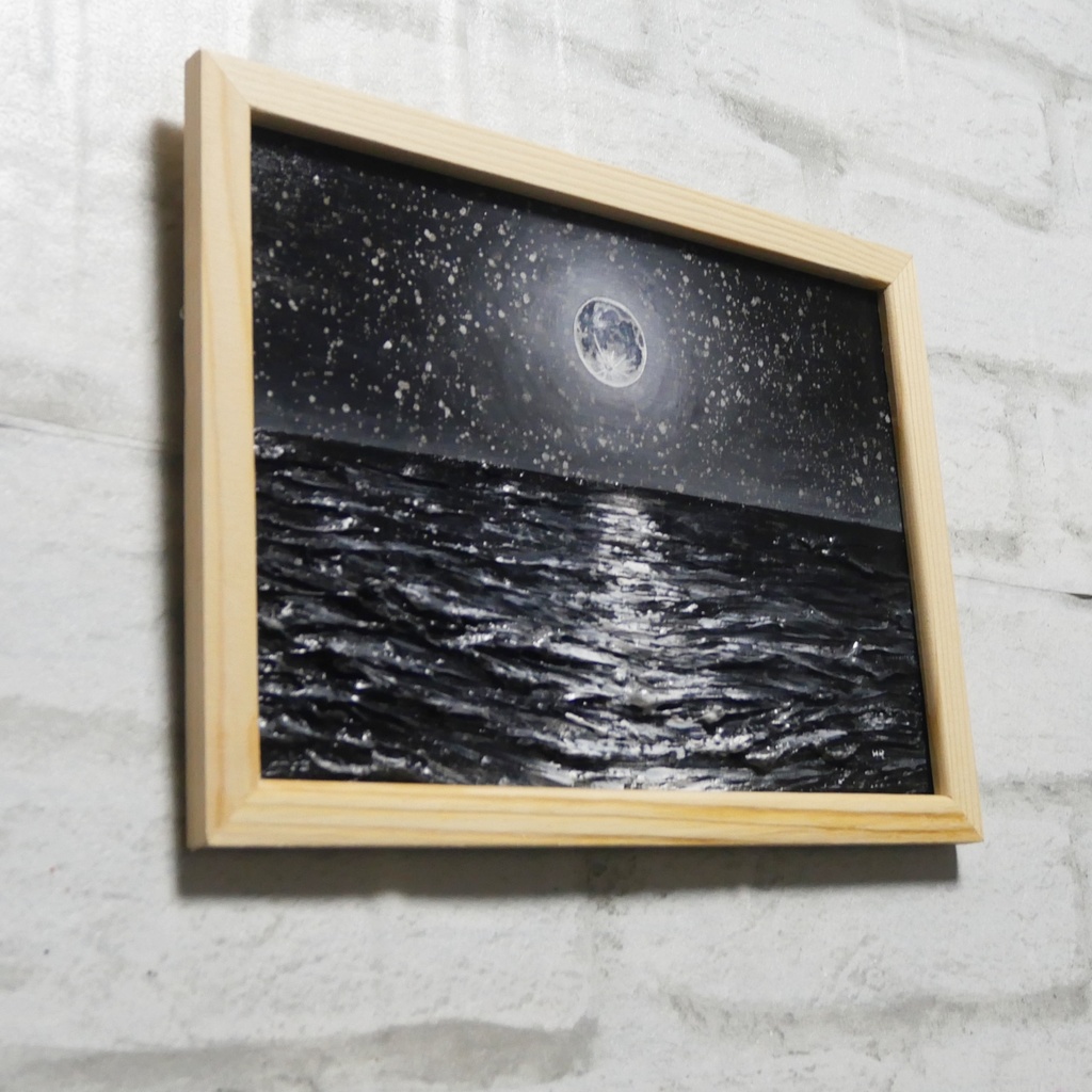 油絵 油彩 油彩画 絵 絵画 【白黒の満月と星空の海】