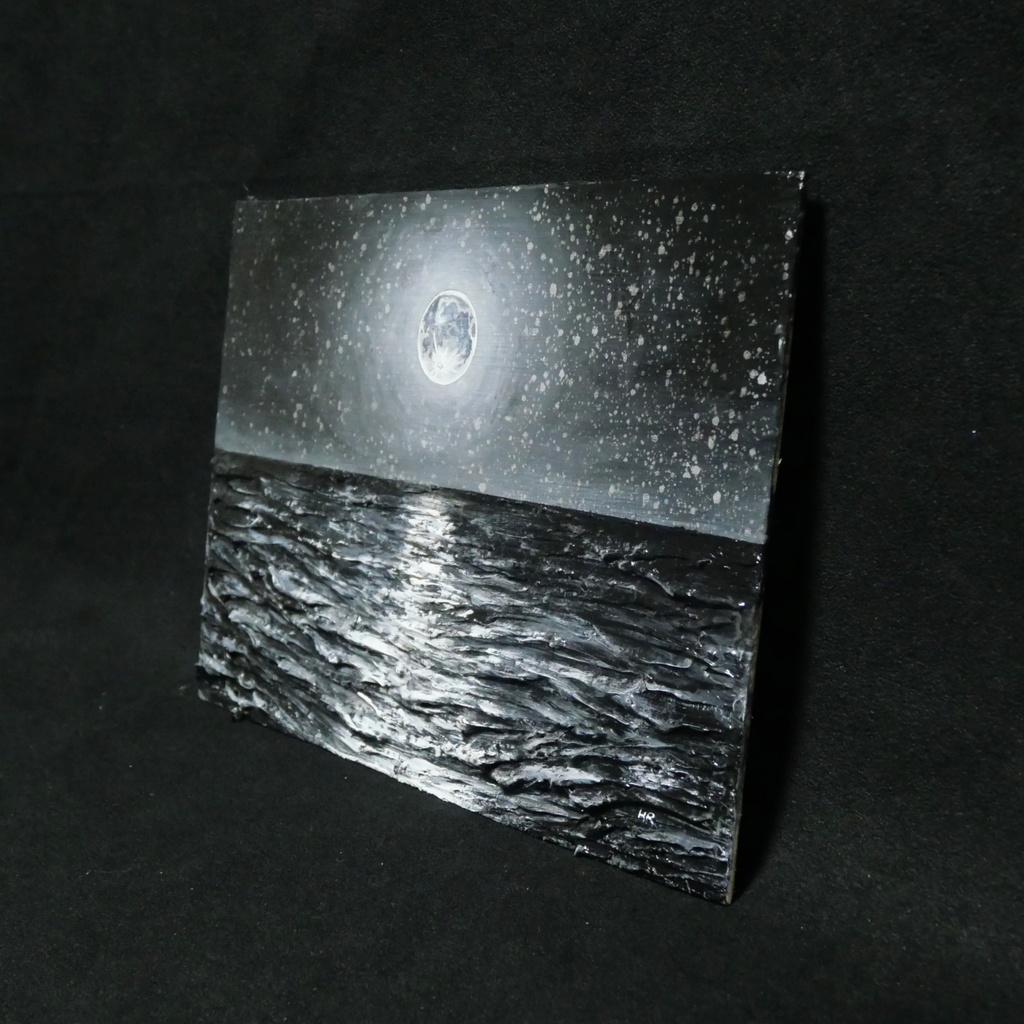油絵 油彩 油彩画 絵 絵画 【白黒の満月と星空の海】