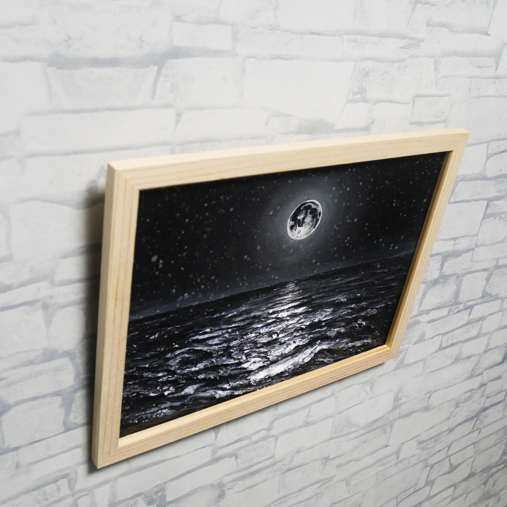 【油絵 原画】白黒の満月の海 | 絵画 油彩画 インテリア