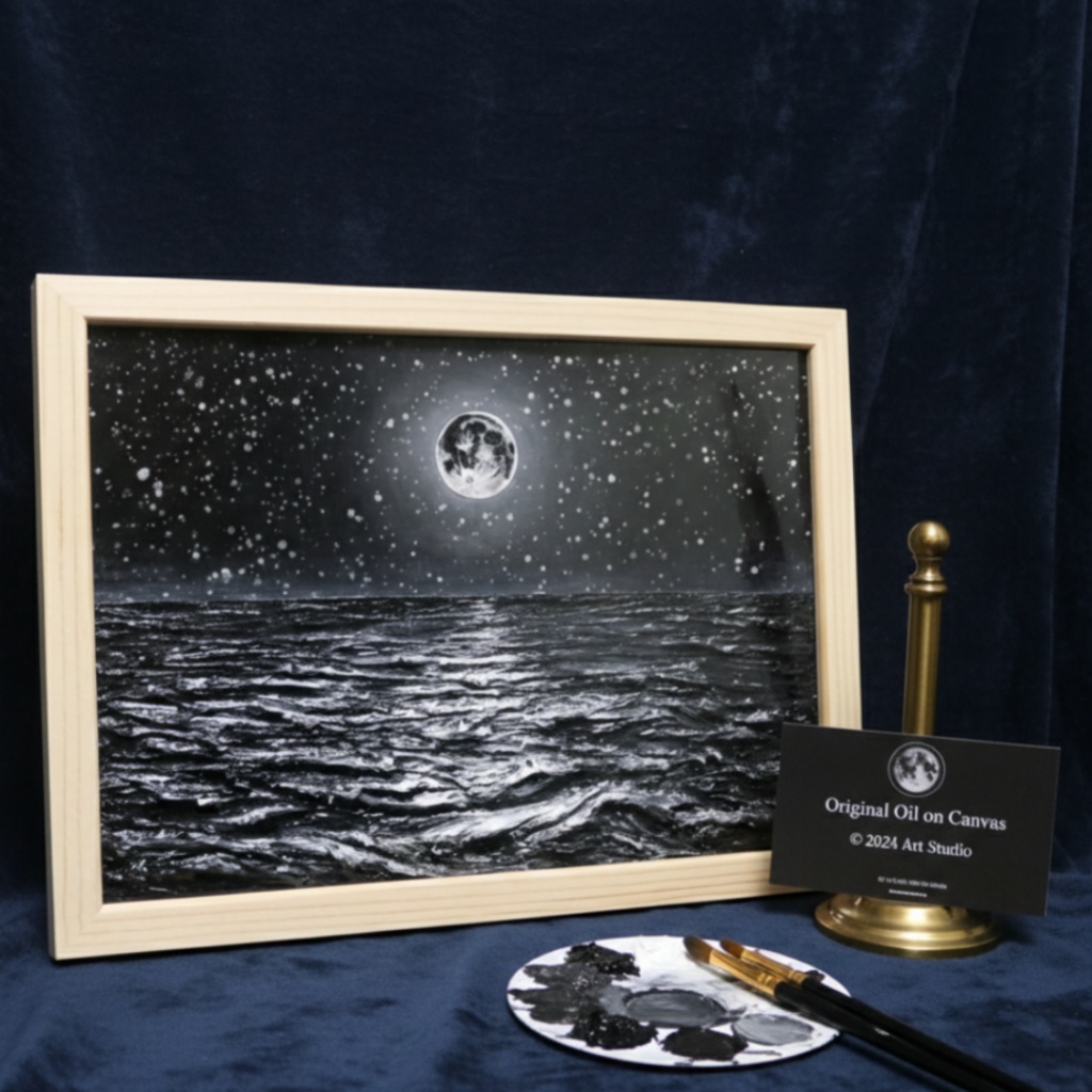【油絵 原画】白黒の満月の海 | 絵画 油彩画 インテリア