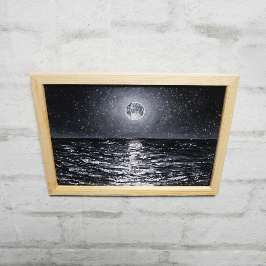油絵 油彩 油彩画 絵 絵画 【白黒の満月と星空の海】