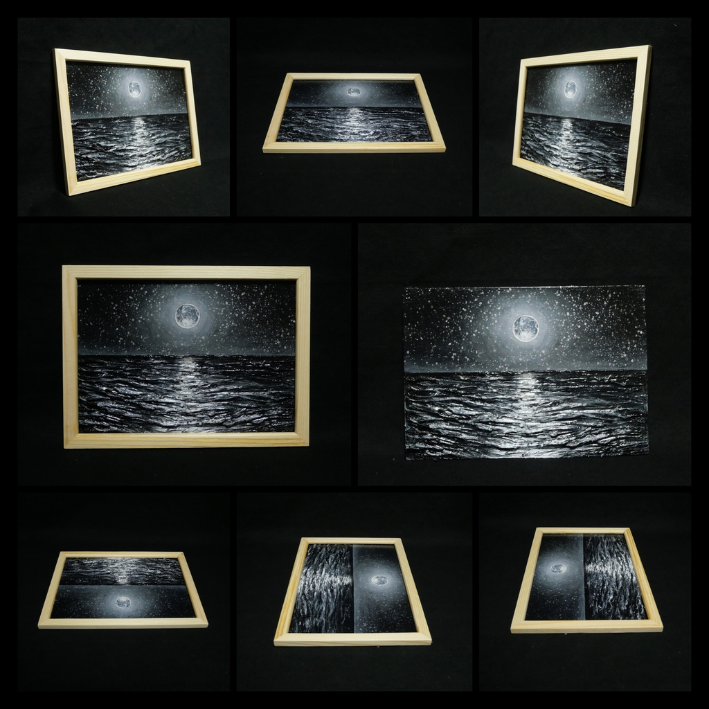 油絵 油彩 油彩画 絵 絵画 【白黒の満月と星空の海】