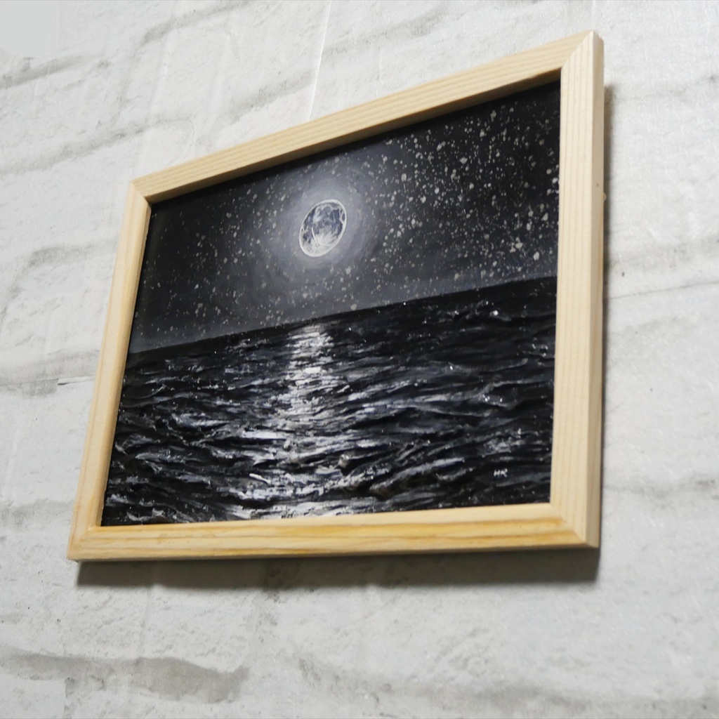 油絵 油彩 油彩画 絵 絵画 【白黒の満月と星空の海】
