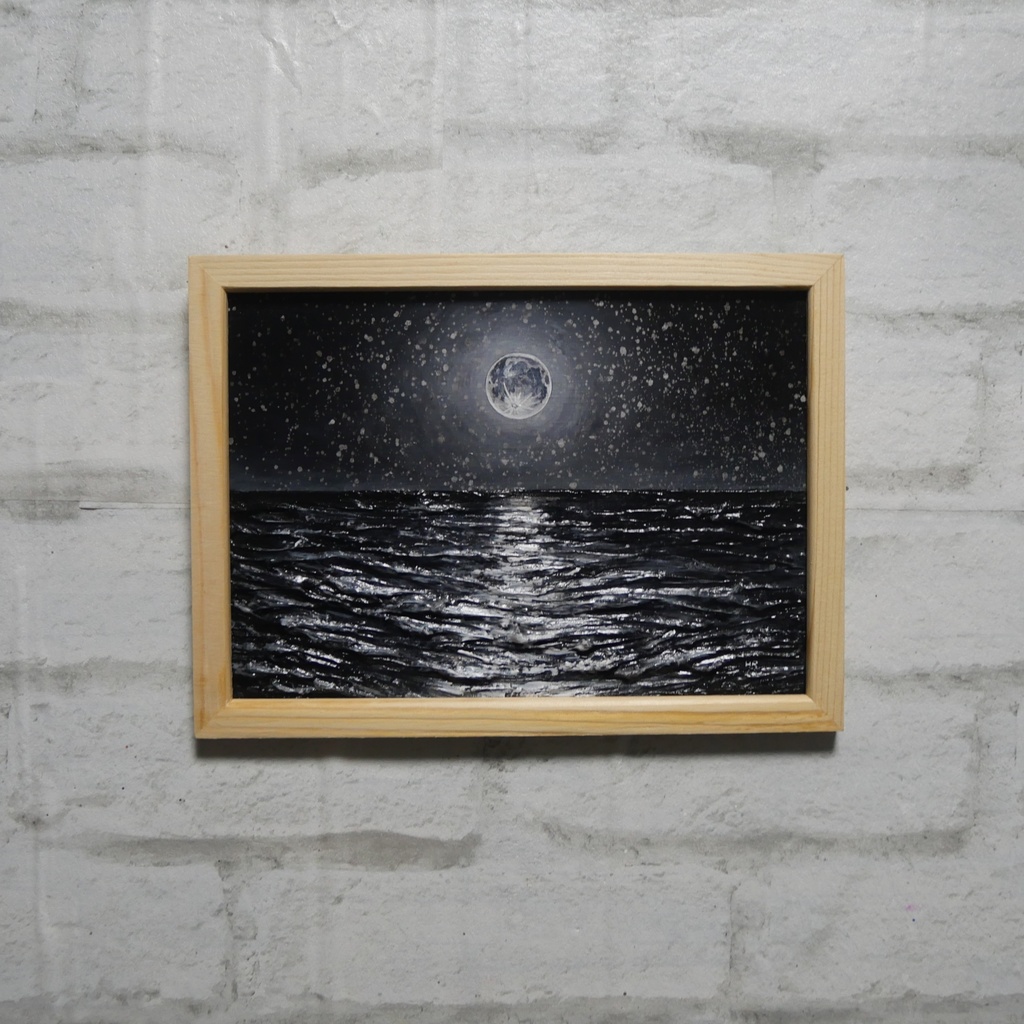油絵 油彩 油彩画 絵 絵画 【白黒の満月と星空の海】