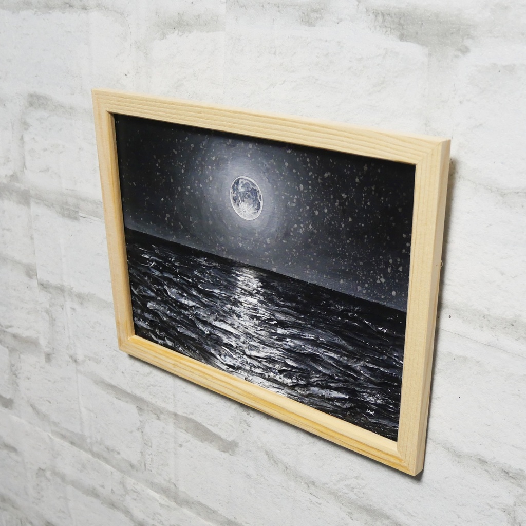 油絵 油彩 油彩画 絵 絵画 【白黒の満月と星空の海】