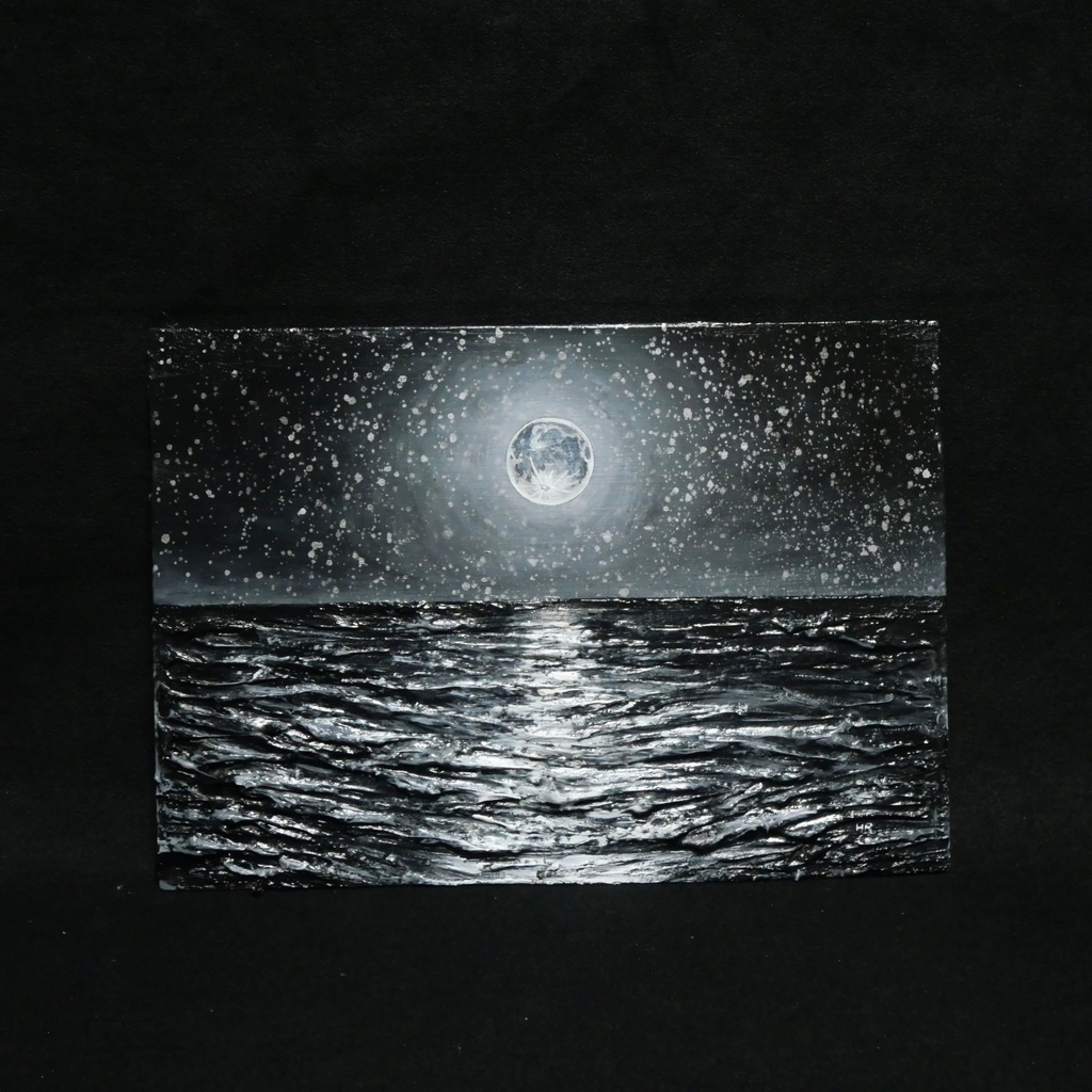 油絵 油彩 油彩画 絵 絵画 【白黒の満月と星空の海】