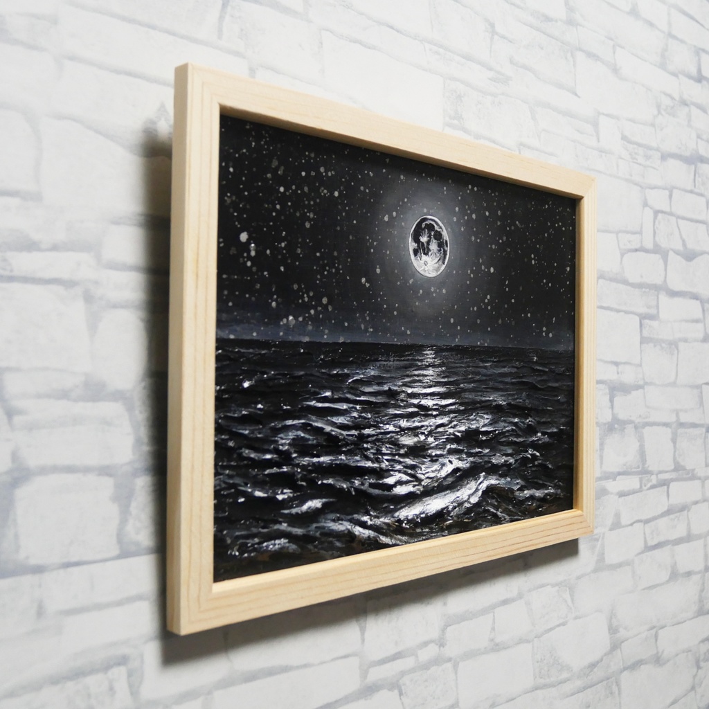 【油絵 原画】白黒の満月の海 | 絵画 油彩画 インテリア