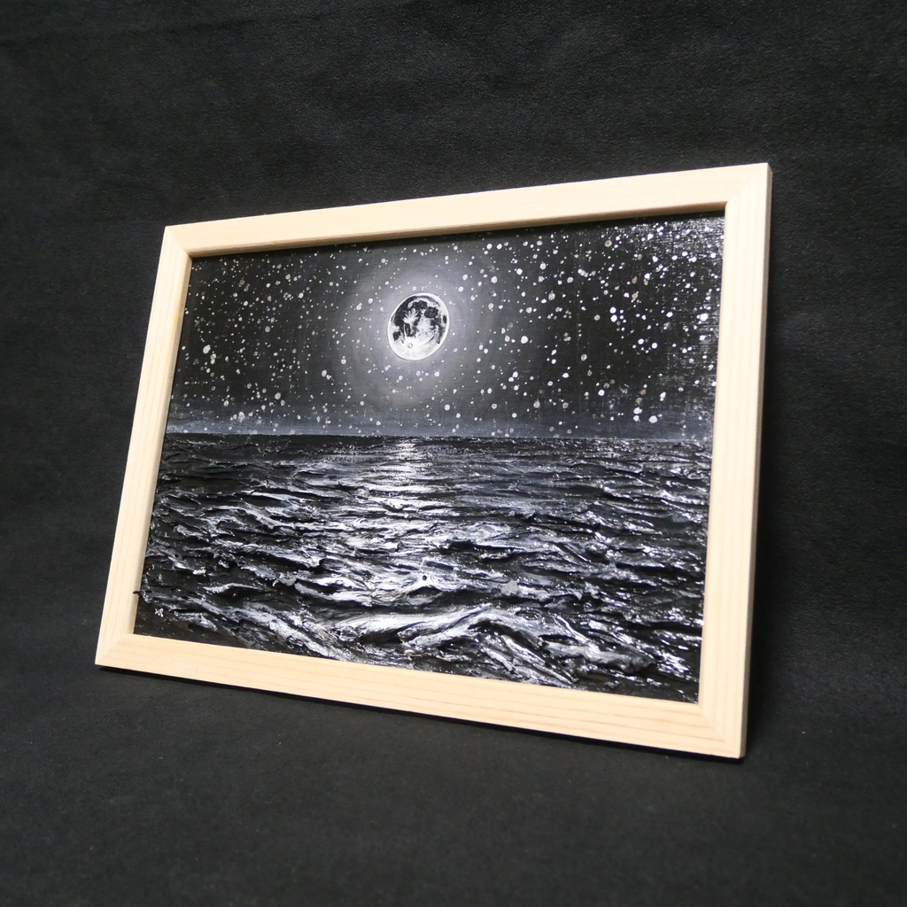 【油絵 原画】白黒の満月の海 | 絵画 油彩画 インテリア