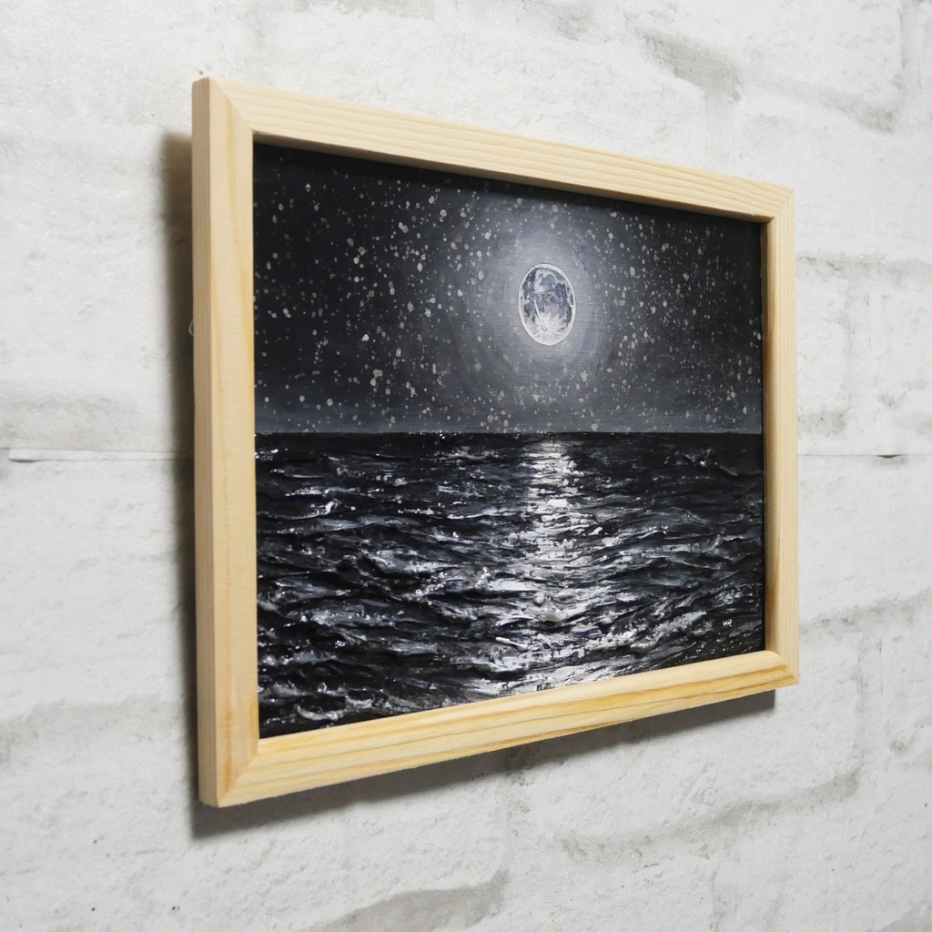 油絵 油彩 油彩画 絵 絵画 【白黒の満月と星空の海】