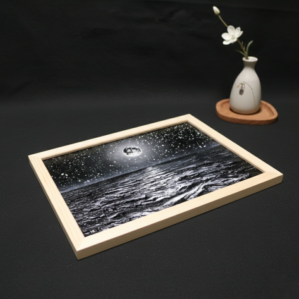 【油絵 原画】白黒の満月の海 | 絵画 油彩画 インテリア