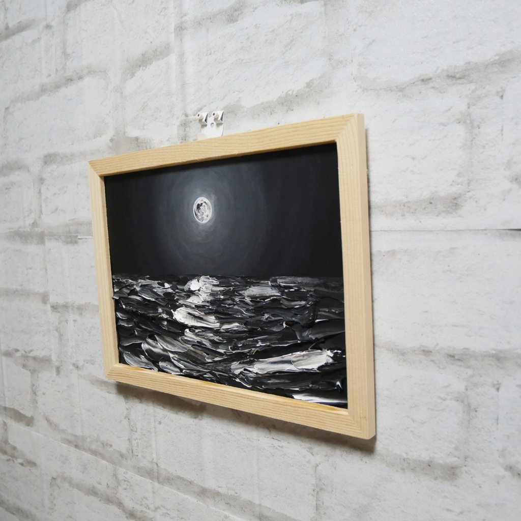 油絵 油彩 油彩画 絵画 【白黒の満月の海】