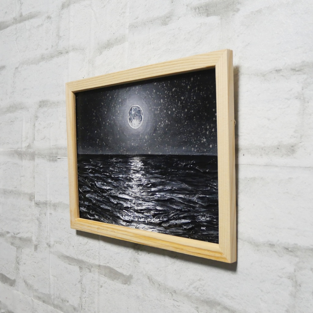 油絵 油彩 油彩画 絵 絵画 【白黒の満月と星空の海】