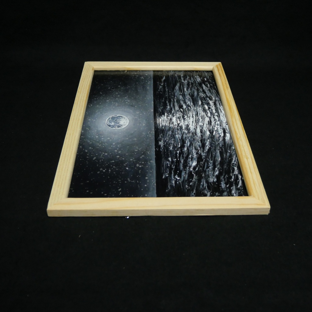 油絵 油彩 油彩画 絵 絵画 【白黒の満月と星空の海】