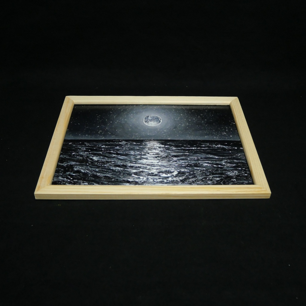油絵 油彩 油彩画 絵 絵画 【白黒の満月と星空の海】