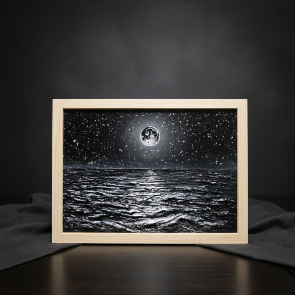 【油絵 原画】白黒の満月の海 | 絵画 油彩画 インテリア