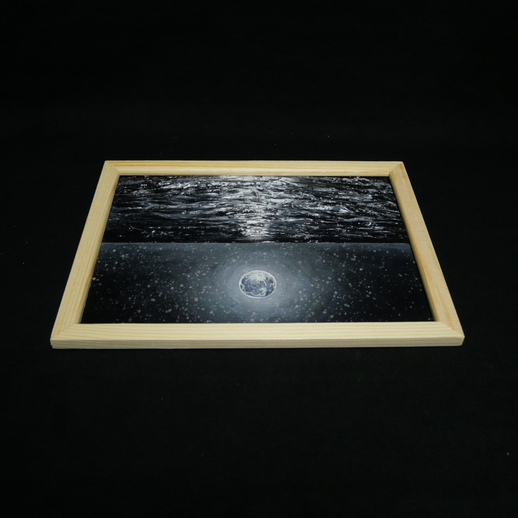 油絵 油彩 油彩画 絵 絵画 【白黒の満月と星空の海】