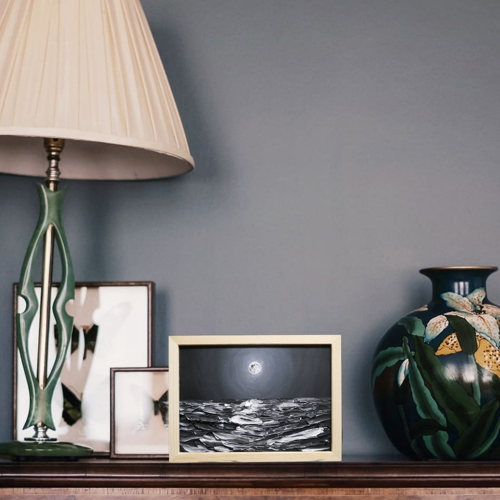 油絵 油彩 油彩画 絵画 【白黒の満月の海】