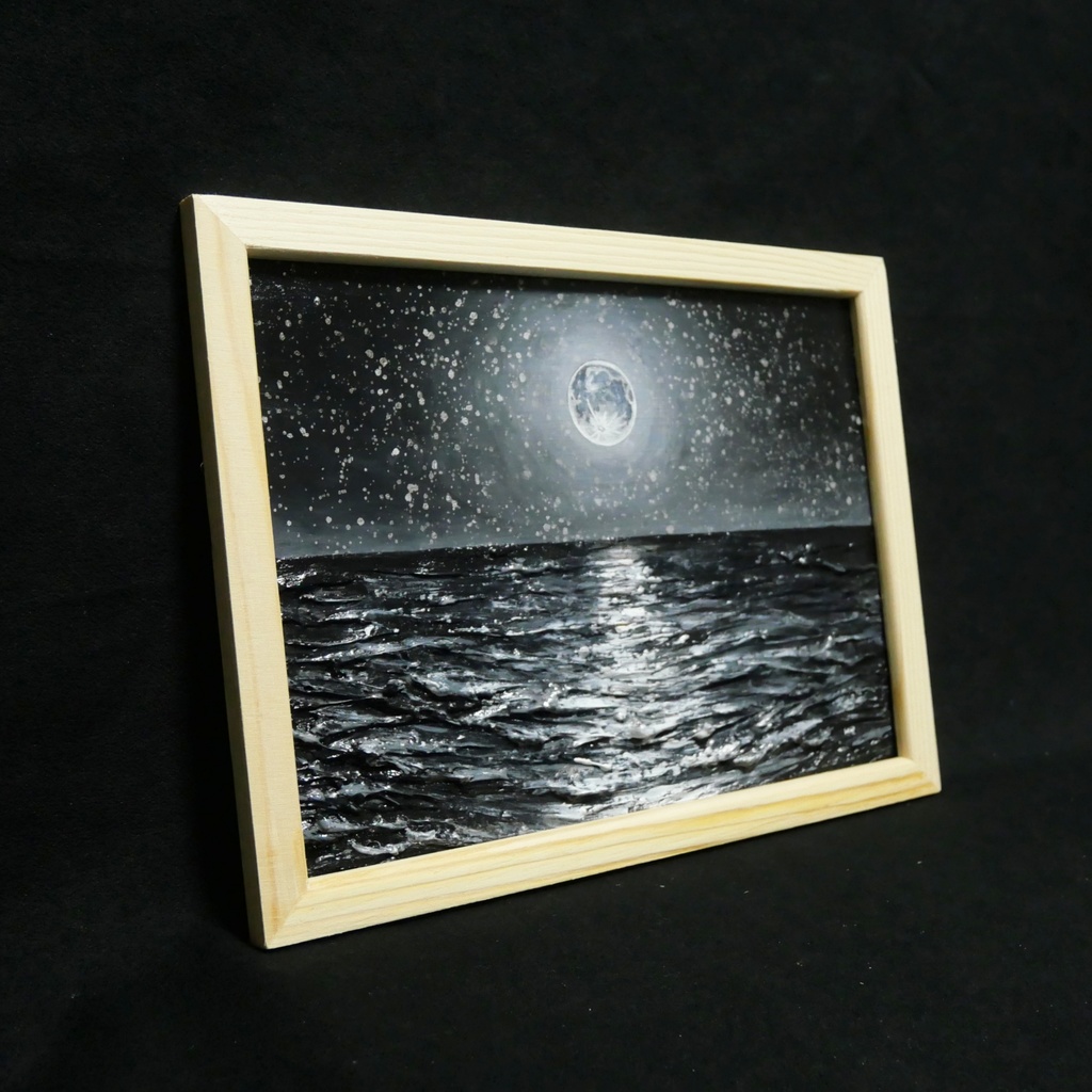 油絵 油彩 油彩画 絵 絵画 【白黒の満月と星空の海】
