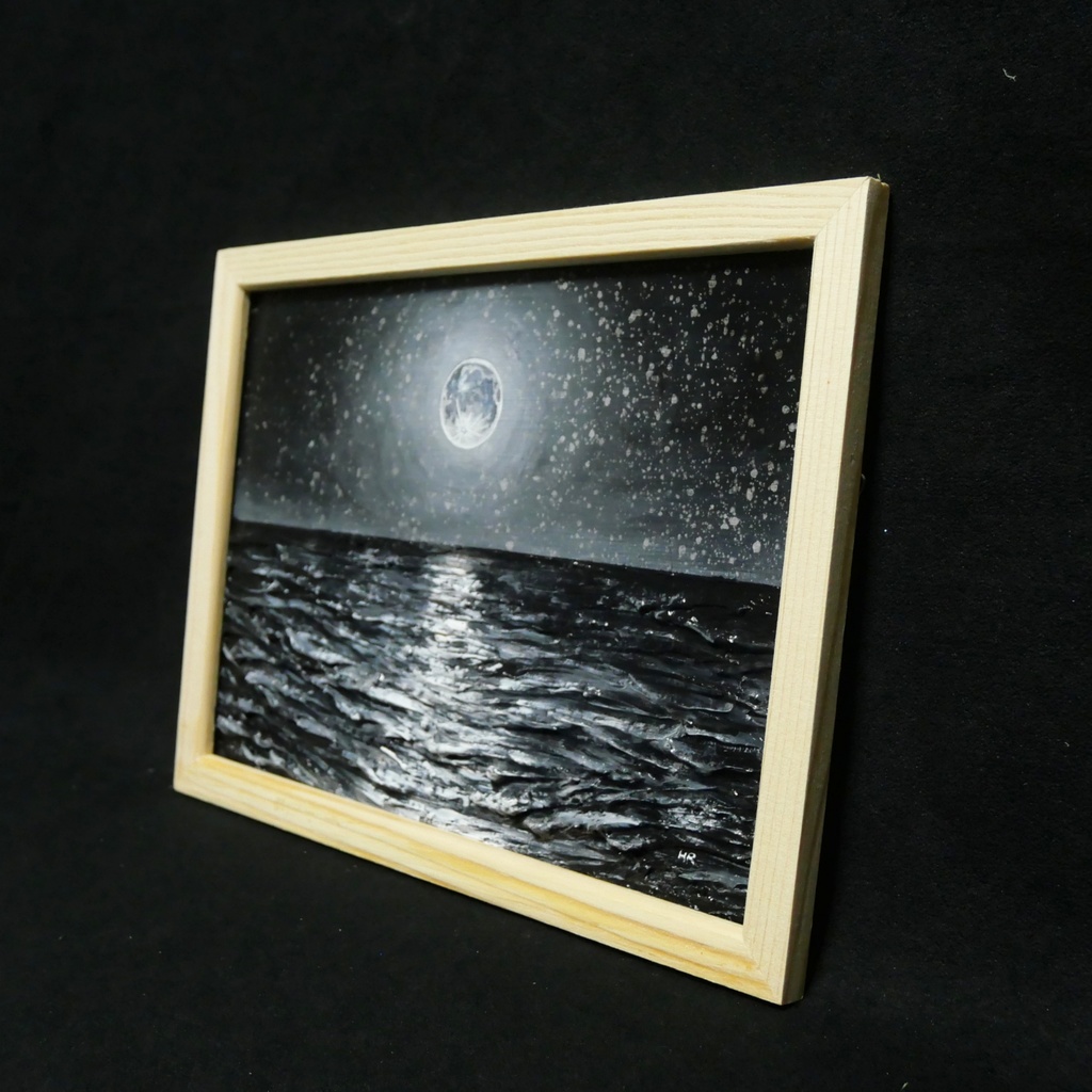 油絵 油彩 油彩画 絵 絵画 【白黒の満月と星空の海】