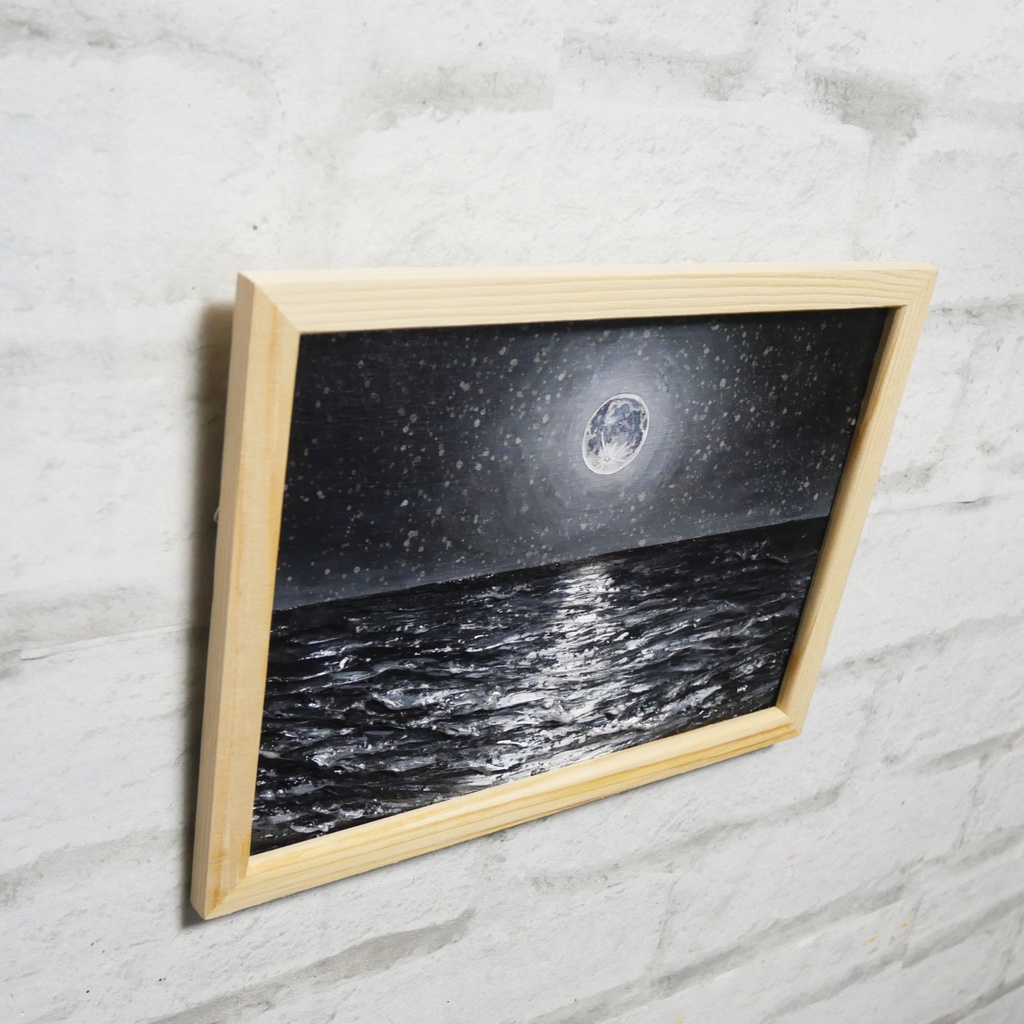油絵 油彩 油彩画 絵 絵画 【白黒の満月と星空の海】