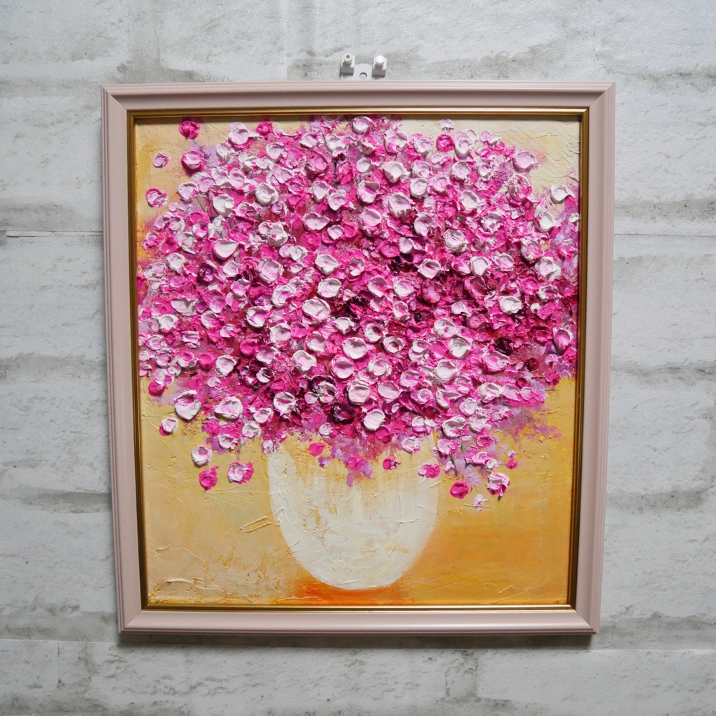 油絵 油彩 油彩画 絵 絵画 【ピンクのかすみ草】