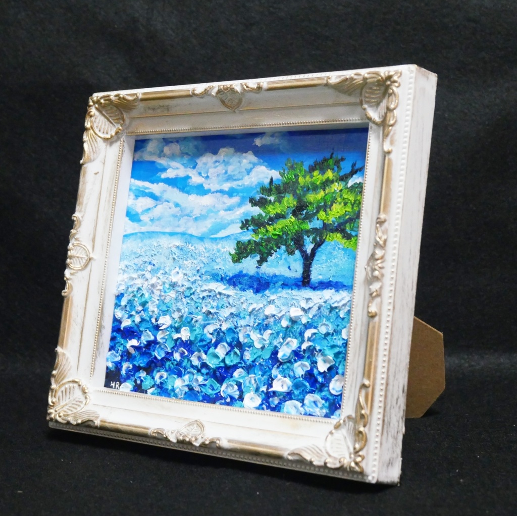 油絵 油彩 油彩画 絵 絵画 ミニ色紙【ネモフィラの丘】