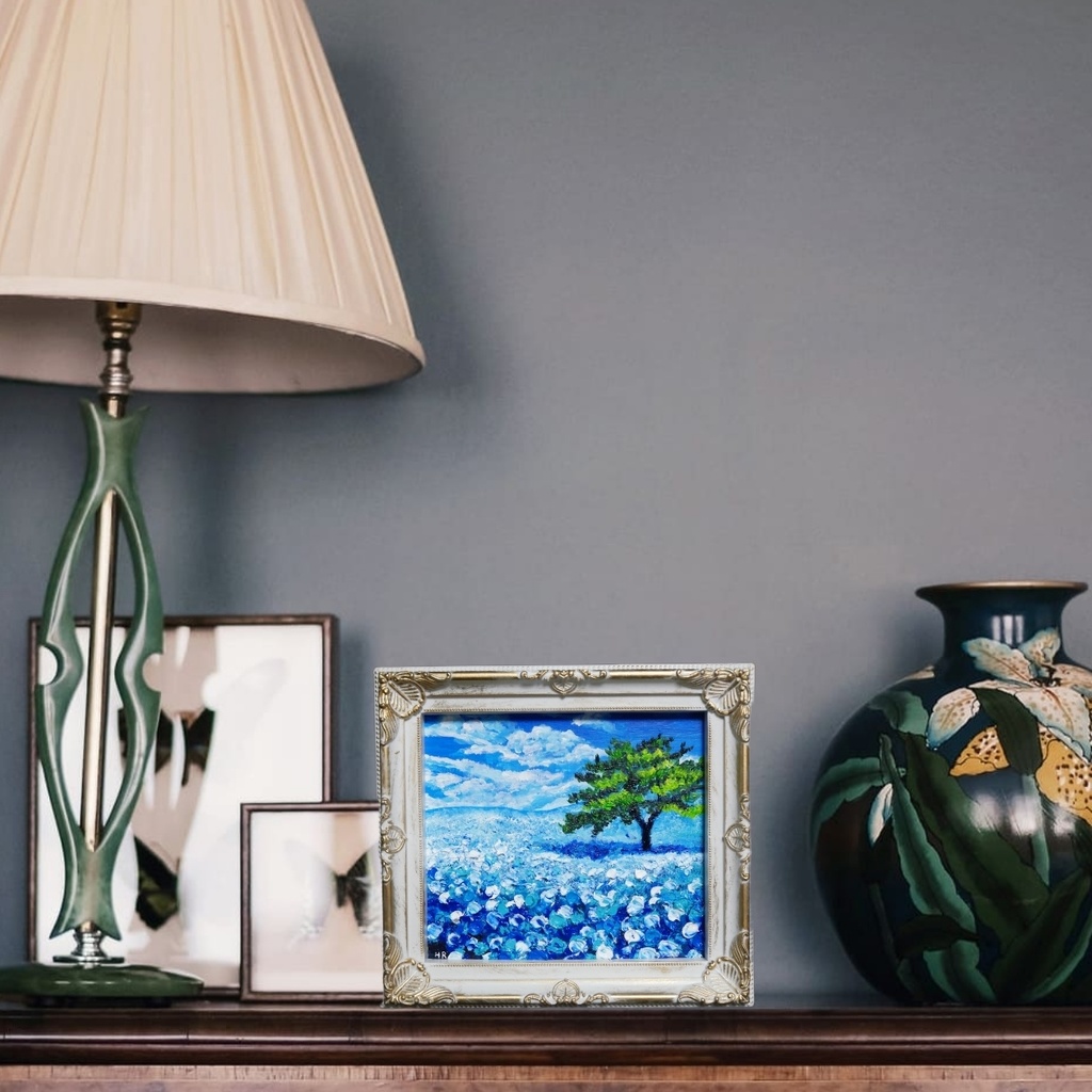 油絵 油彩 油彩画 絵 絵画 ミニ色紙【ネモフィラの丘】