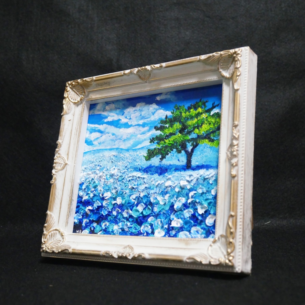 油絵 油彩 油彩画 絵 絵画 ミニ色紙【ネモフィラの丘】