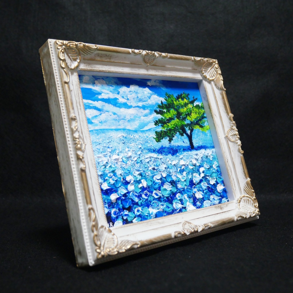 油絵 油彩 油彩画 絵 絵画 ミニ色紙【ネモフィラの丘】