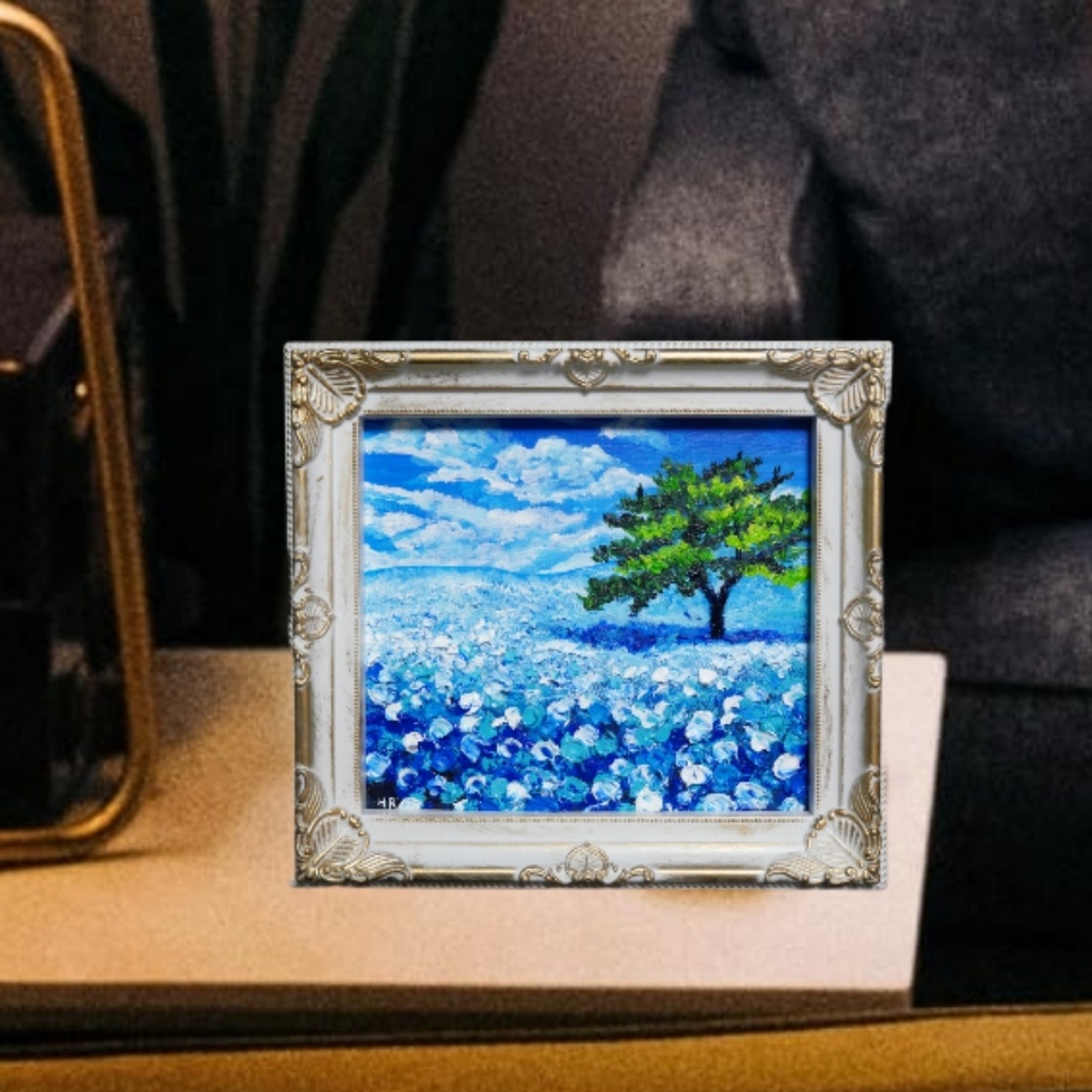 油絵 油彩 油彩画 絵 絵画 ミニ色紙【ネモフィラの丘】