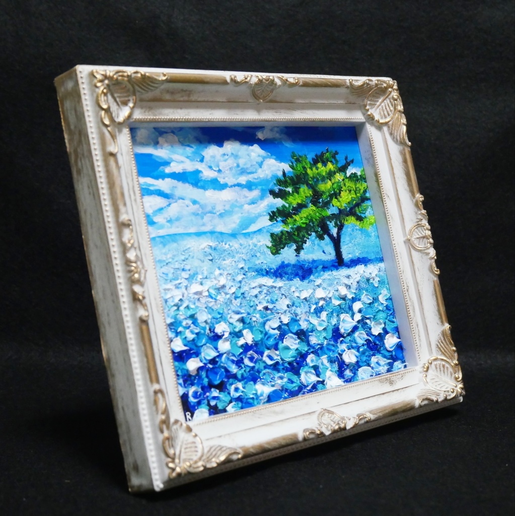 油絵 油彩 油彩画 絵 絵画 ミニ色紙【ネモフィラの丘】